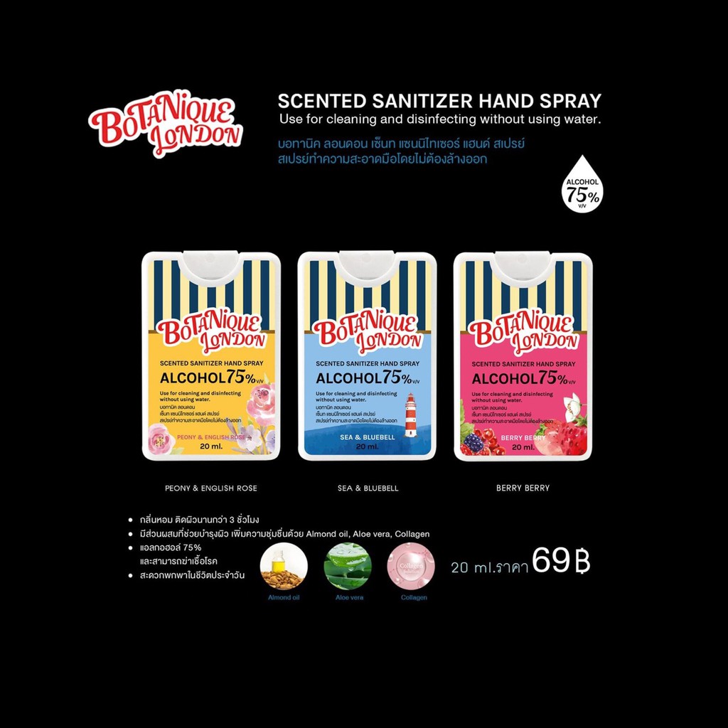 สเปรย์แอลกอฮอลล์พร้อมกลิ่นหอม แบบการ์ด BOTANIQUE LONDON SANITIZER HAND SPRAY 20 ML.