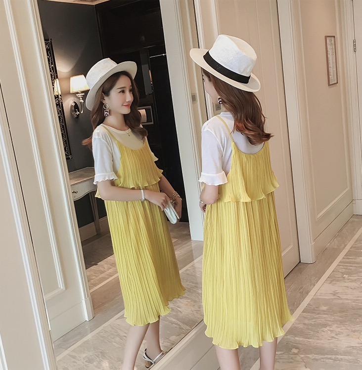 เอี๊ยมกระโปรง+เสื้อ เอี๊ยมคลุมท้องยาว อัดพรีททั้งชุด เป็นระบาย 2ชั้น สวยมากค่ะ M L XL XXL