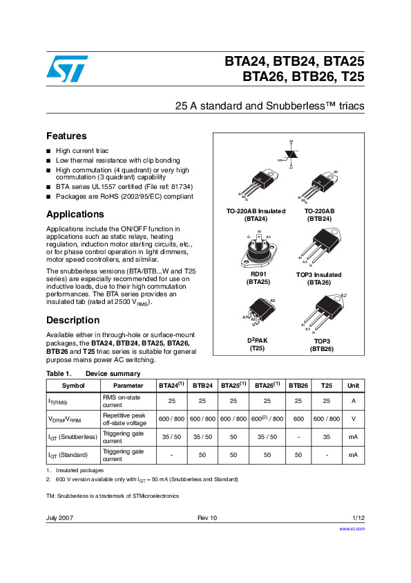 TRIAC BTA24-600CW ST ไตรแอค 25A 600V Gate Trigger Current 35mA