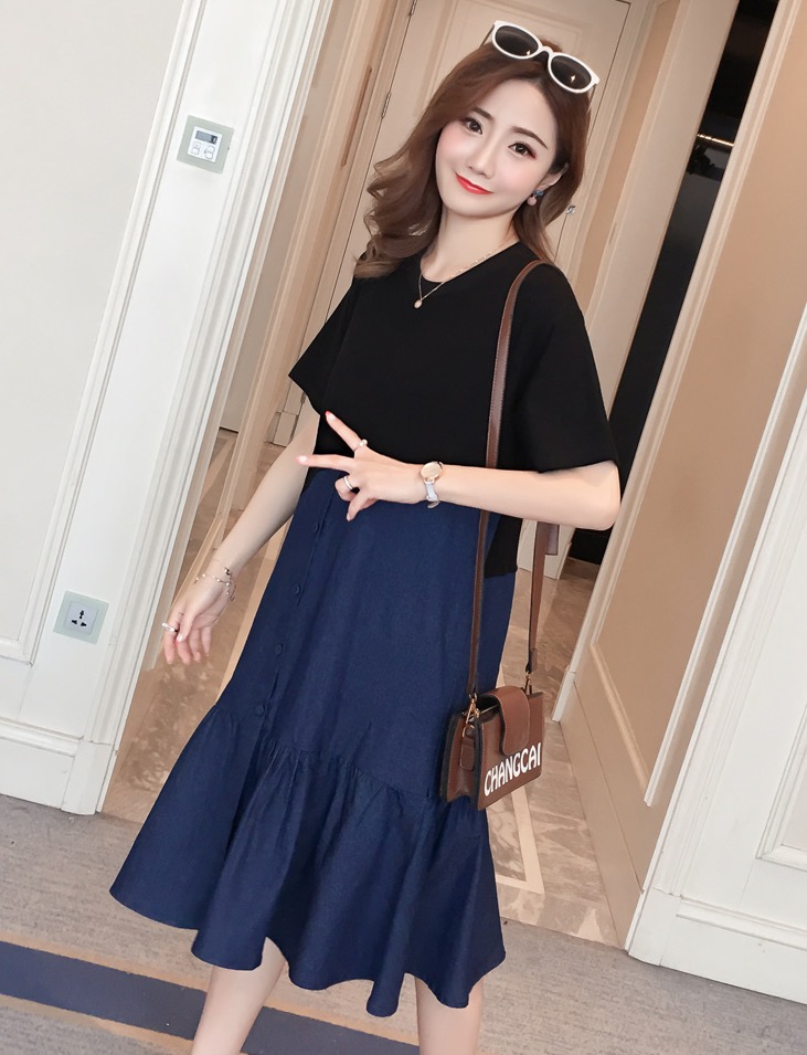 ชุดคลุมท้องเดรส ช่วงบนเป็นผ้ายืดนิ่ม ด้านล่างเป็นผ้ายีนส์ ปลายทำระบาย ใส่สบายสุดๆ M L XL XXL