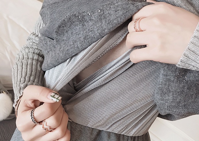 ชุดคลุมท้องเปิดให้นมแฟชั่นแขนยาว ด้านในซ่อนที่เปิดให้นม ผ้าเนื้อนิ่ม ประดับมุก M L XL XXL