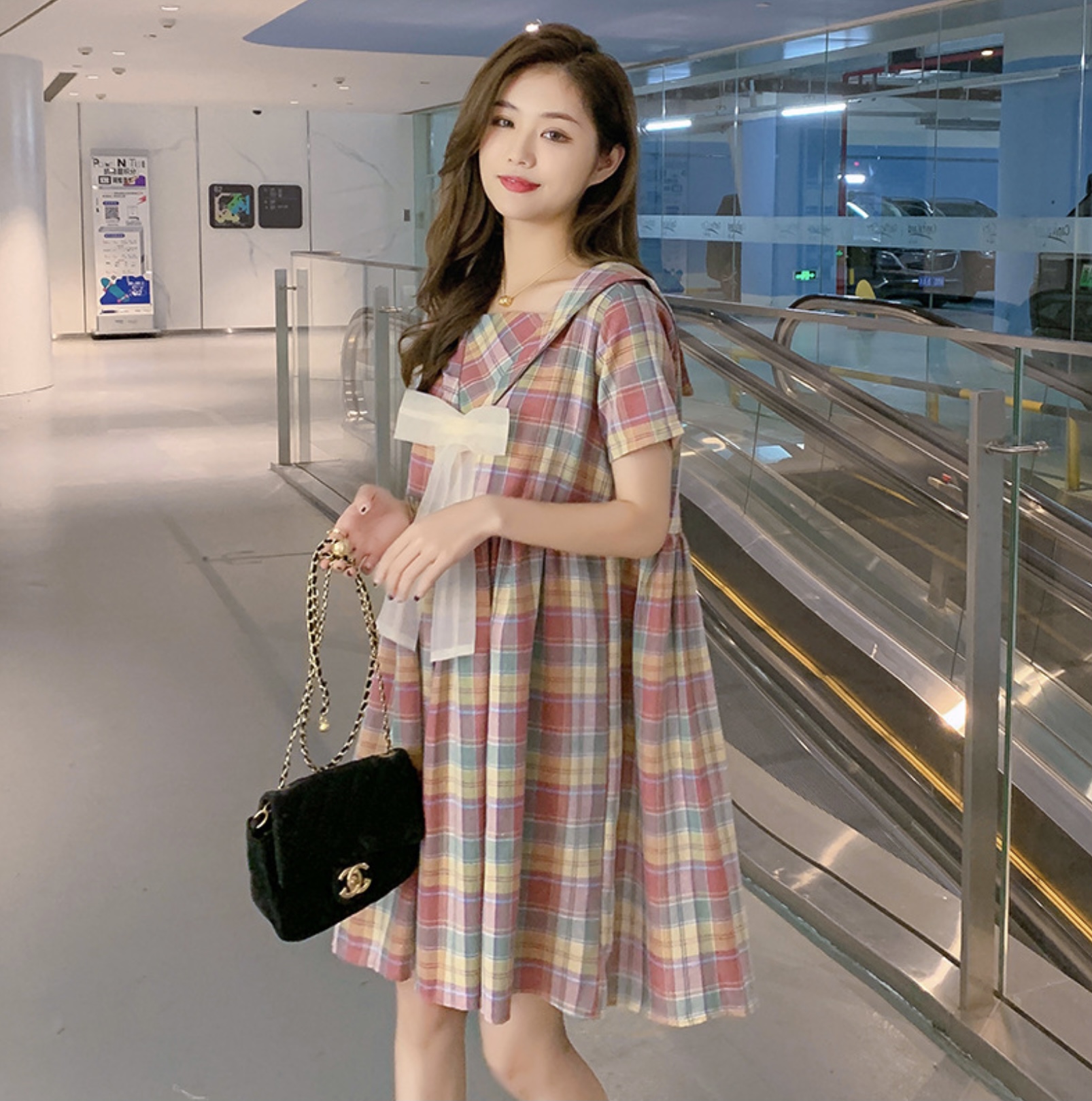 ชุดคลุมท้องเปิดให้นม แขนสั้น ลายสก๊อต มีโบว์ที่คอ ชุดนี้น่ารักมาก M L XL XXL