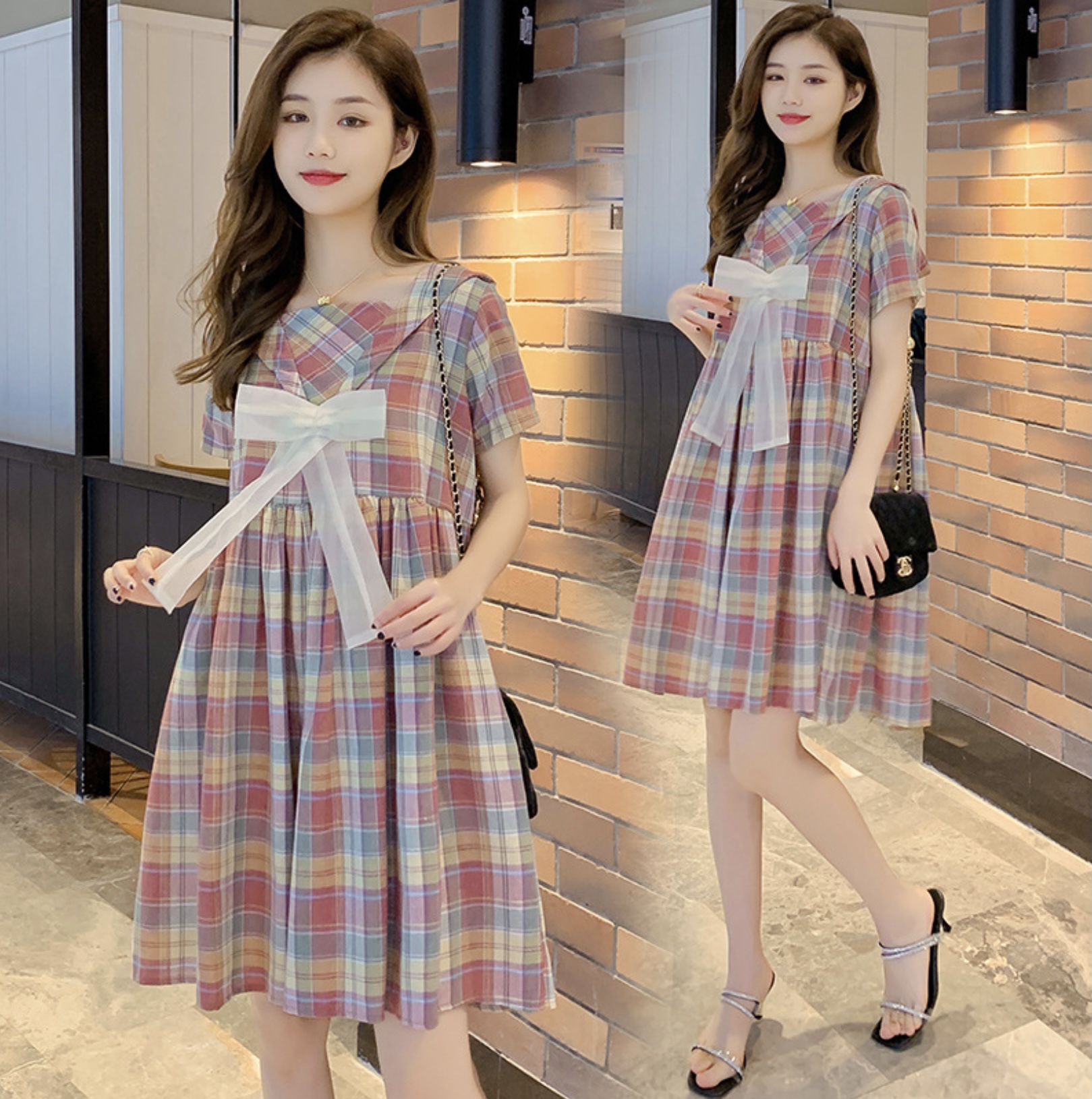 ชุดคลุมท้องเปิดให้นม แขนสั้น ลายสก๊อต มีโบว์ที่คอ ชุดนี้น่ารักมาก M L XL XXL