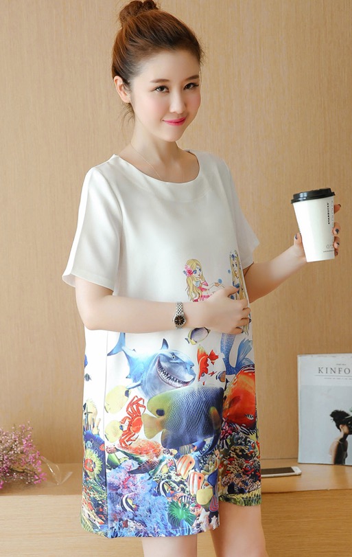 เดรสคลุมท้อง ผ้าชีฟองเนื้อดี พิมพ์ลายท้องทะเล น่ารัก M,L,XL,XXL