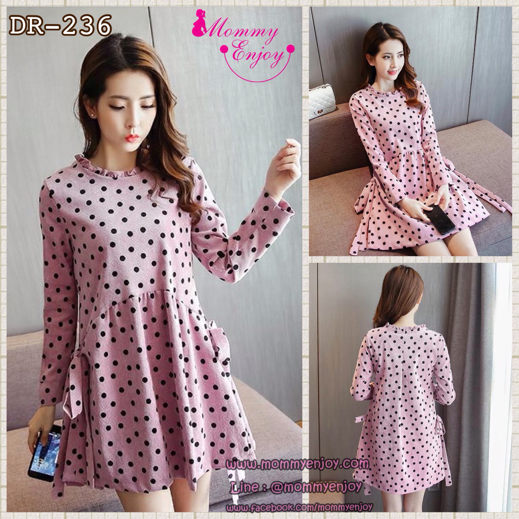 เดรสคลุมท้อง แขนยาวชมพูลายจุด ผูกข้าง แต่งระบายที่คอ น่ารักจุง M,L,XL,XXL