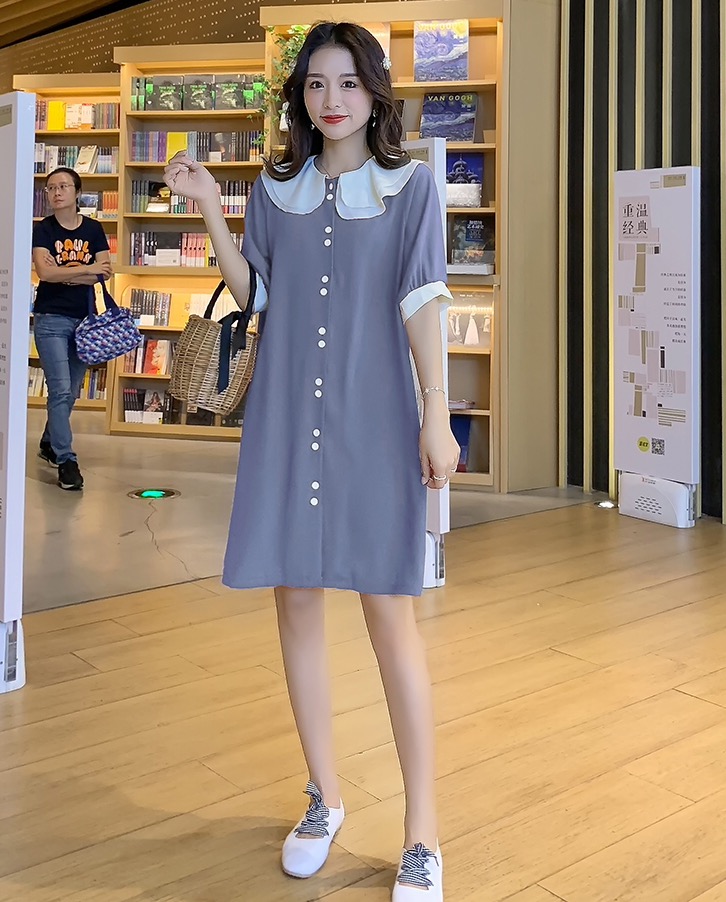 เดรสคลุมท้องแฟชั่น ทรงตุ๊กตา คอบัว กระดุมเปิดให้นมได้ ช่วงปก ทำย่นเพิ่มความน่ารัก M L XL XXL