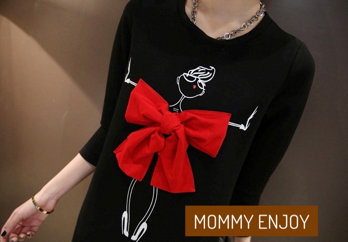 ชุดคลุมท้อง เดรสแขนยาว โบว์ใหญ่แดงกลางอกสวยเด่น M,L,XL,XXL