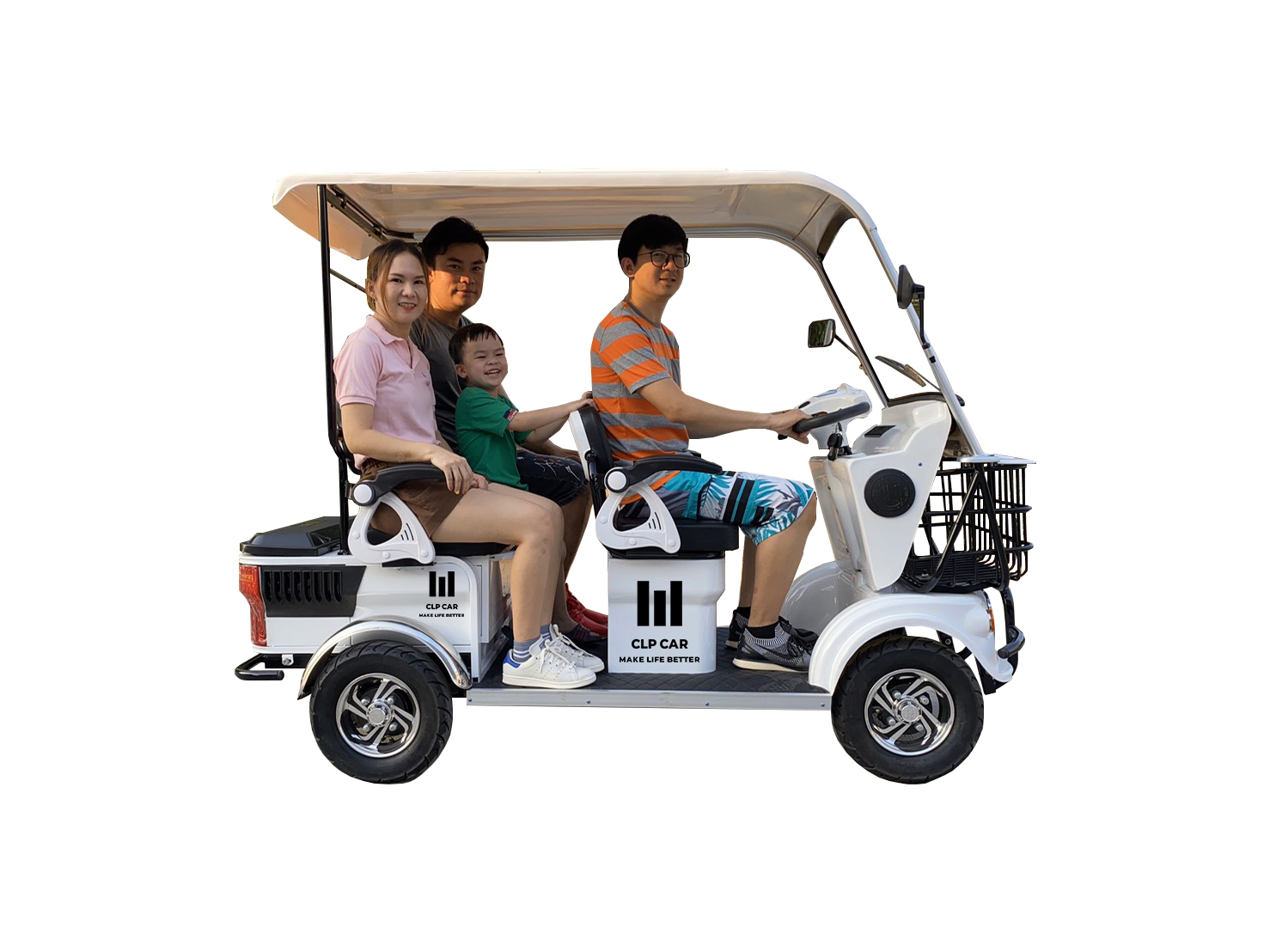 รถไฟฟ้า 4 ล้อ 3 ที่นั่ง รุ่น M-01 ยี่ห้อ CLP CAR สีขาว ขับแฮนด์บิด