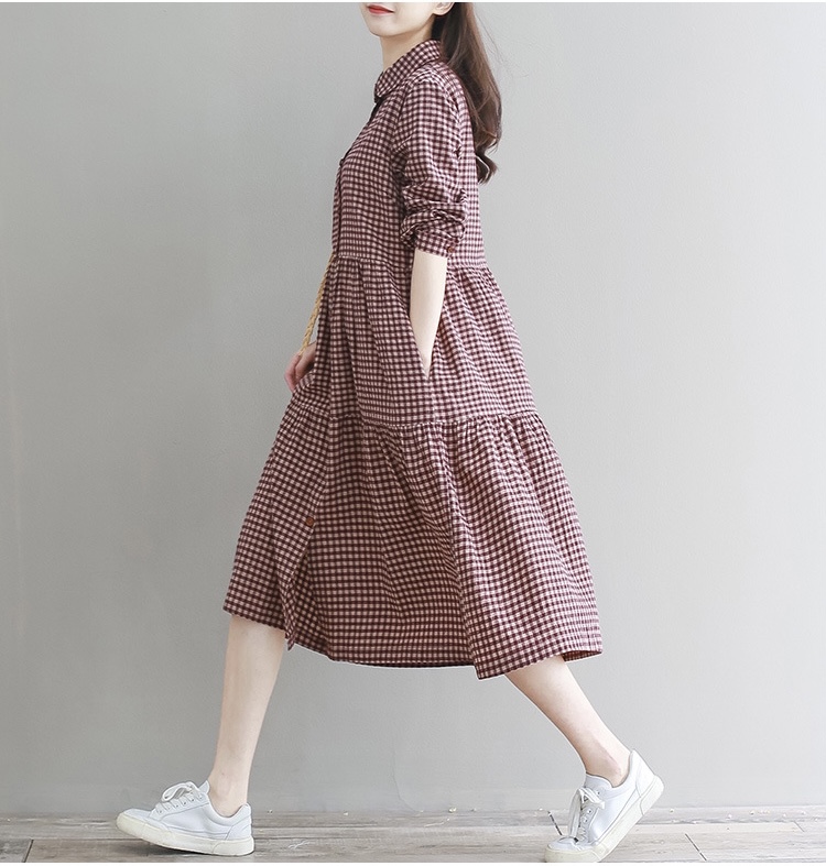 เดรสคลุมท้องแฟชั่น แขนยาว คอปก กระดุมหน้า เปิดให้นมได้ ชุดยาว สวย ใส่ได้คล่องตัว M L XL XXL