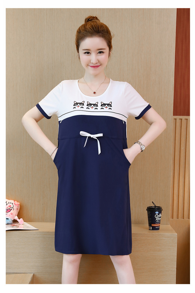 ชุดคลุมท้องเปิดให้นม แขนสั้น ลายแมวเหมียว ปรับขนาดได้ตามอายุครรภ์ M L XL XXL