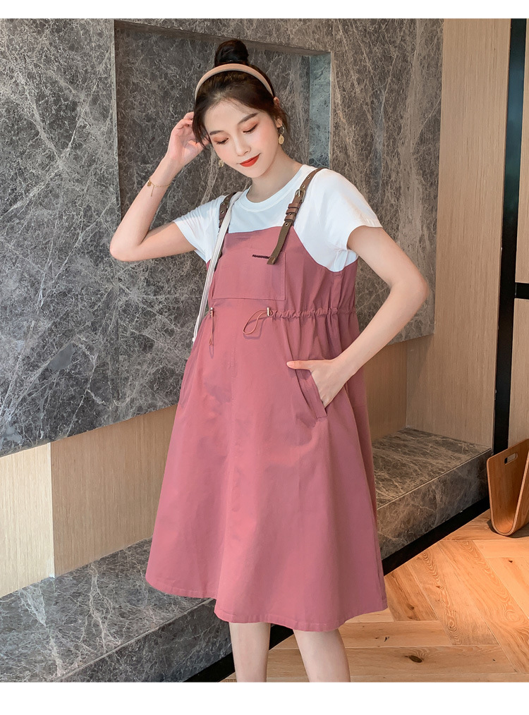 เดรสคลุมท้องแฟชั่นเอี๊ยมหลอก สายหนัง มีกระเป๋าข้าง ช่วงท้องปรับขนาดได้ สีและแบบสวยมาก M L XL XXL