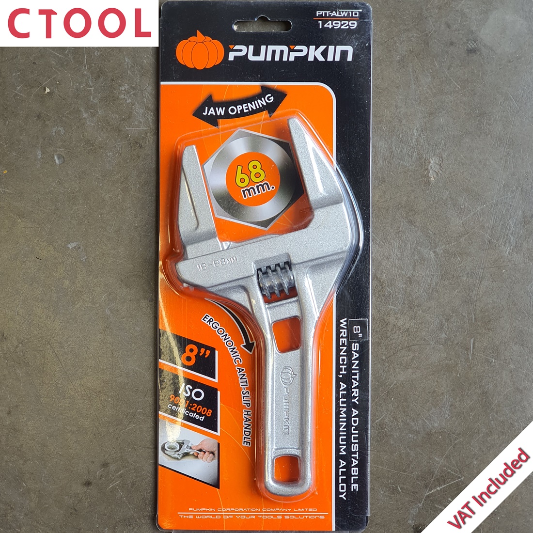 ประแจเลื่อนอลูมิเนียมปากกว้าง 68mm ตัวยาว 8 นิ้ว Pumpkin PTT-ALW10 ของแท้ - Authentic Sanitary Adjustable Wrench, Aluminium Alloy - ซีทูล Ctool