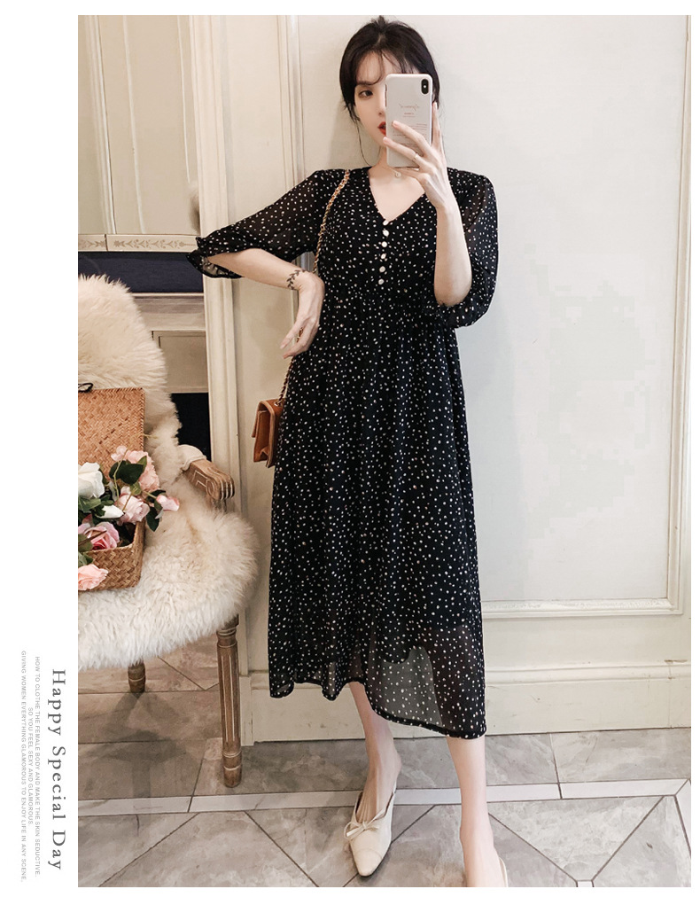 เดรสคลุมท้องแฟชั่น ผ้าชีฟองลายจุด แขน4 ส่วน ทำระบายปลายแขน ผ้านิ่ม มีซับใน ใส่สบายถึงคลอด M L XL XXL