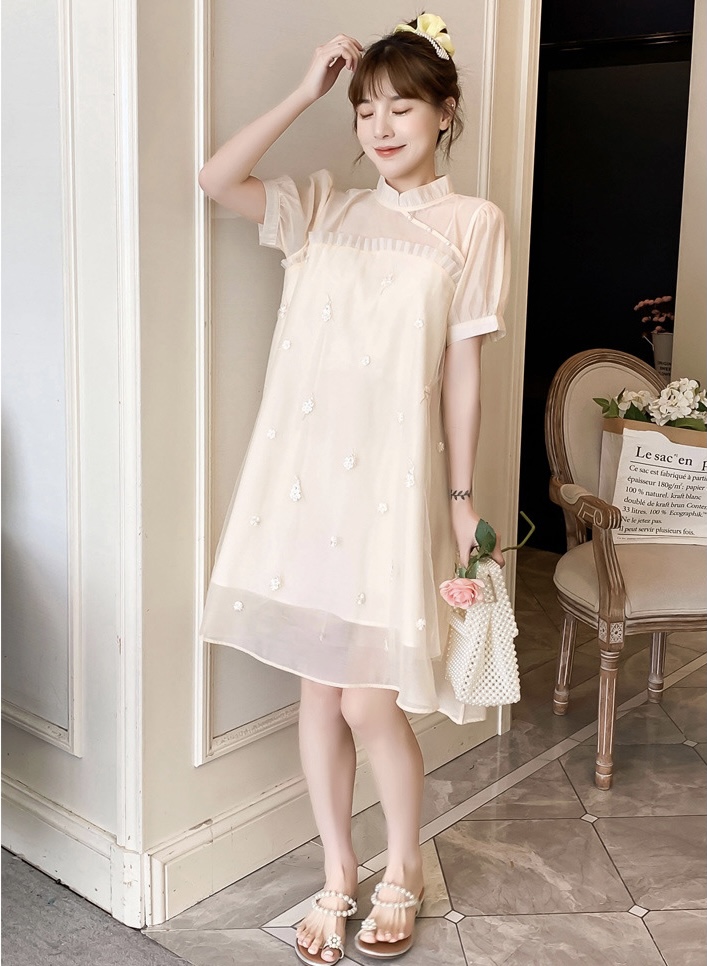 เดรสคลุมท้องแฟชั่นเกาหลี คอจีน ช่วงบนซีทรูแต่งระบาย แขนตุ๊กตา มีซับใน น่ารักเกินร้อย M L XL XXL