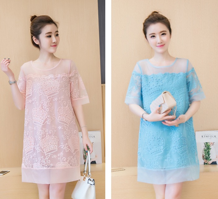 เดรสคลุมท้องแฟชั่น ซีทรู ปักลายมงกุฎประดับด้วยลูกปัด มีซับใน M,L,XL,XXL