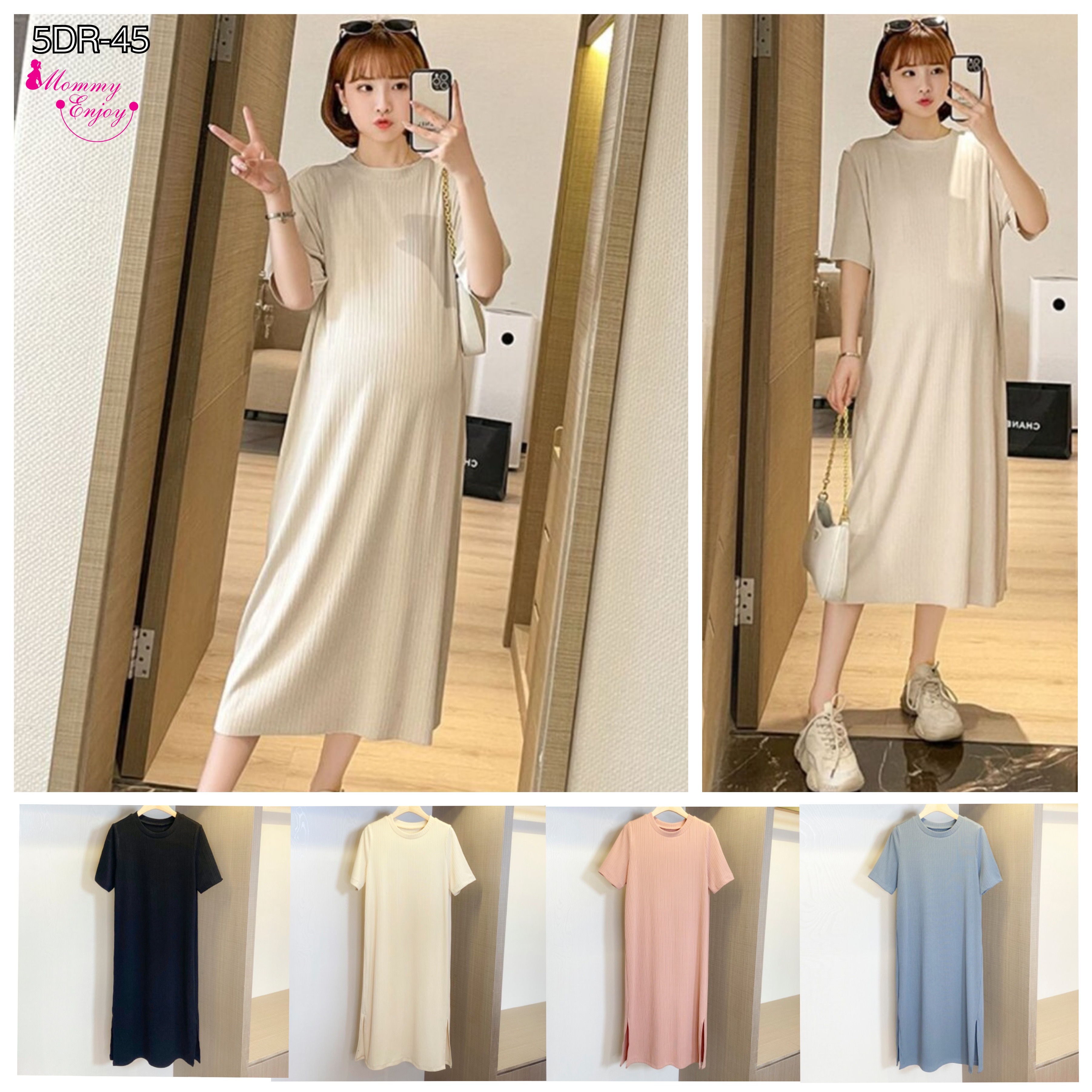 เดรสคลุมท้องแฟชั่นสบายๆ แขนสั้น ดูดี ผ้าทิ้งตัว มีน้ำหนัก เนื้อดีค่ะ M L XL XXL