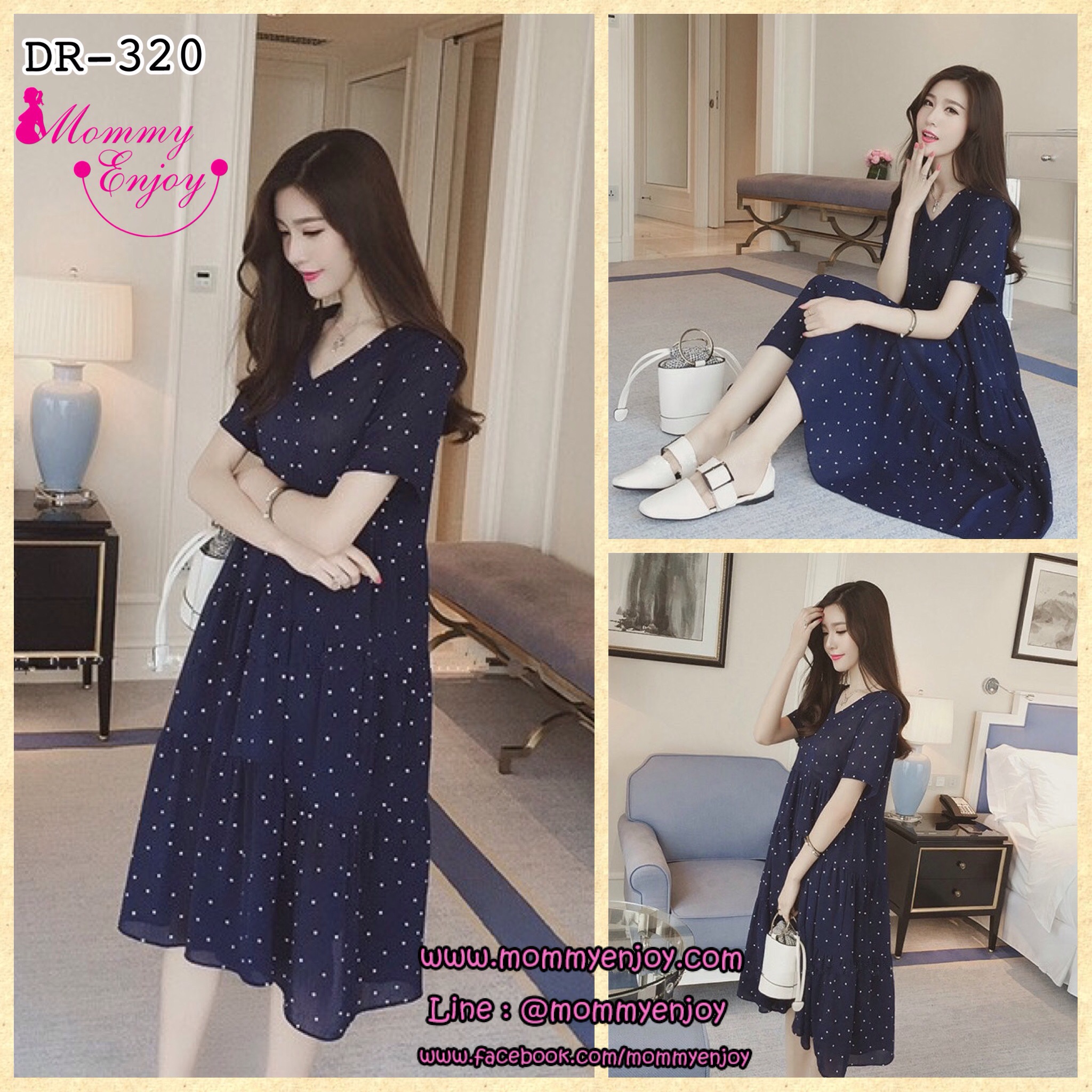 ชุดคลุมท้องแขนสั้น ผ้าชีฟอง ลายจุด ผ้านิ่มเบาสบาย มีซับใน M L XL XXL