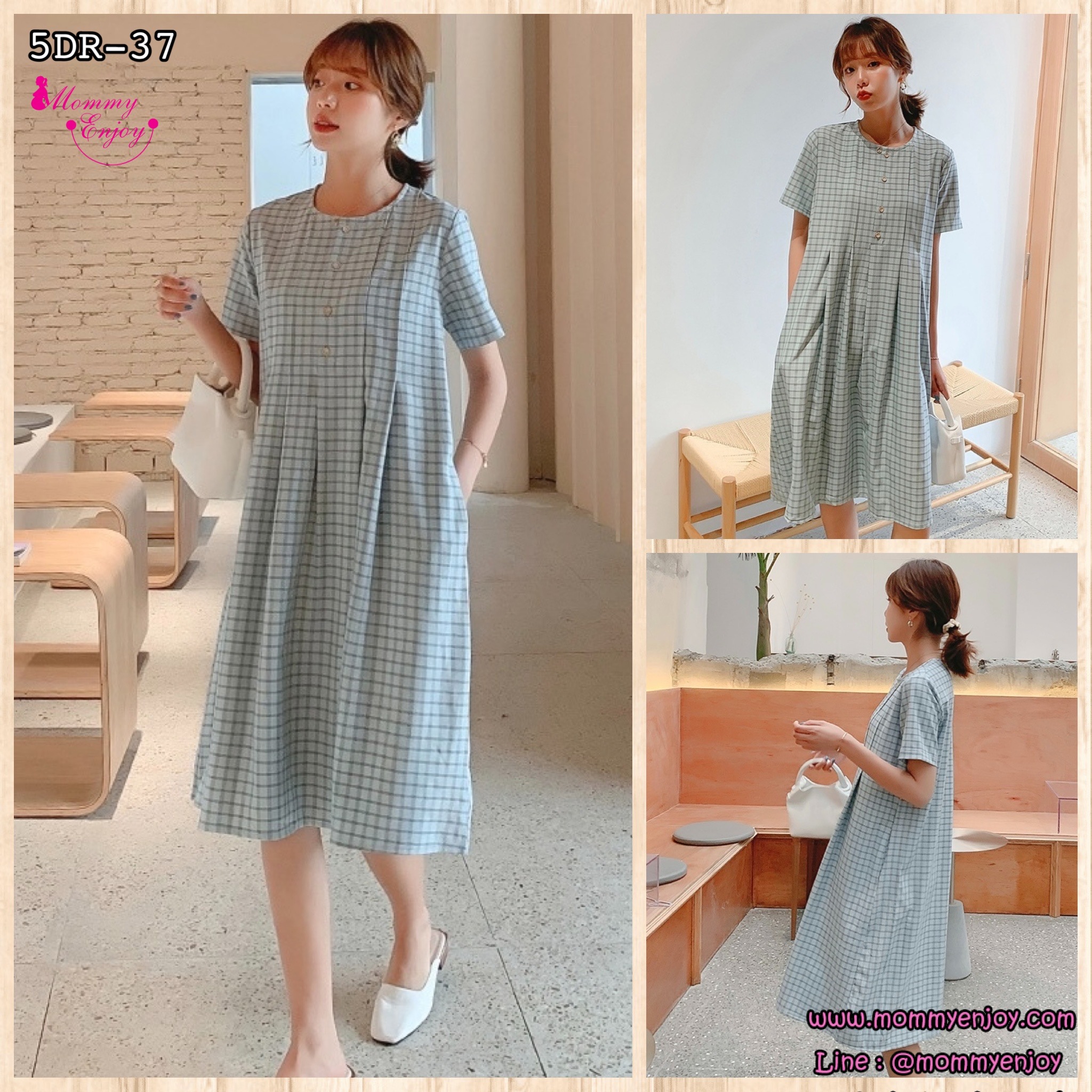 เดรสคลุมท้องแฟชั่น ผ้าดีมาก มีน้ำหนักทิ้งตัวสวย แขนสั้น มีกระดุมแกะได้ มีกระเป๋าข้าง M L XL XXL