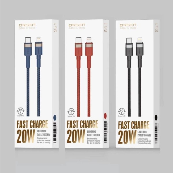 Orsen by Eloop S51, S53 สายชาร์จเร็ว 3A PD 20W รองรับการถ่ายโอนข้อมูล สายถัก ความยาว 1 เมตร