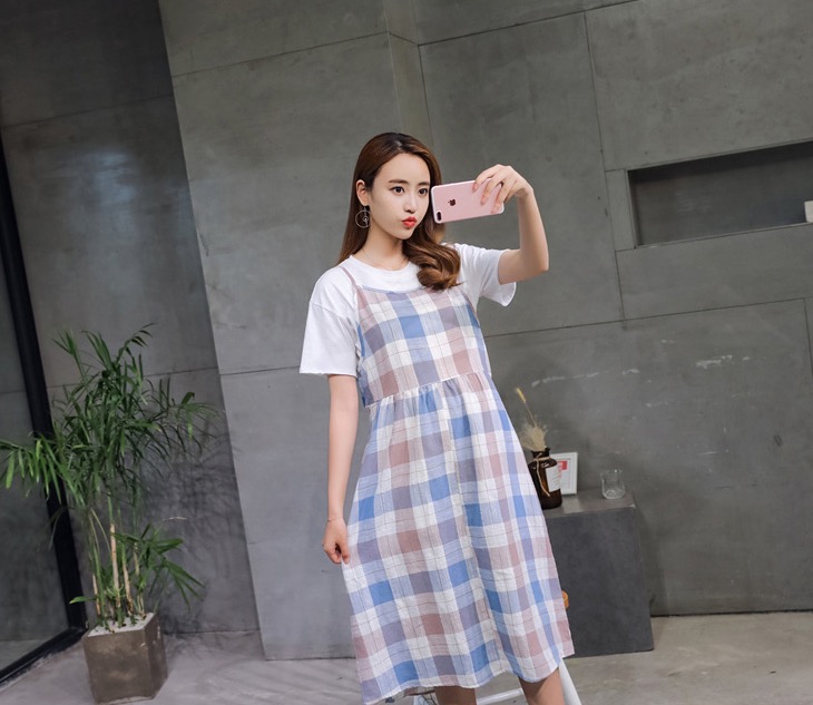เอี๊ยมกระโปรงคลุมท้องยาว ลายสก๊อต สีสันน่ารัก + เสื้อยืดสีขาว M,L,XL,XXL