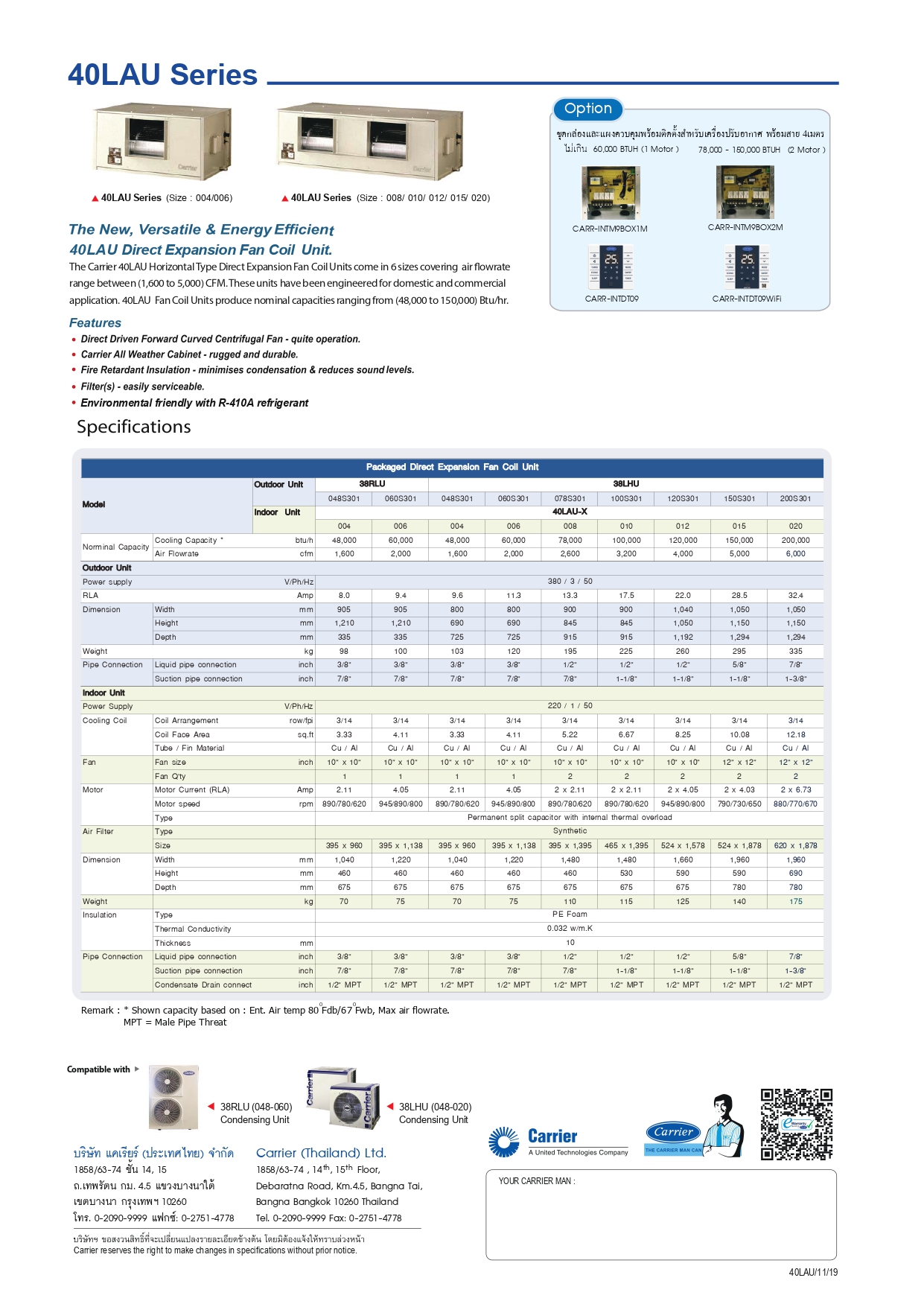 แอร์ CARRIER แบบเปลือยซ่อนในฝ้า (ท่อดัก) ขนาด 78,000 BTU รุ่น 40LAU008X/38LHU078S301 (FIXED SPEED)(40LAU SERIES)
