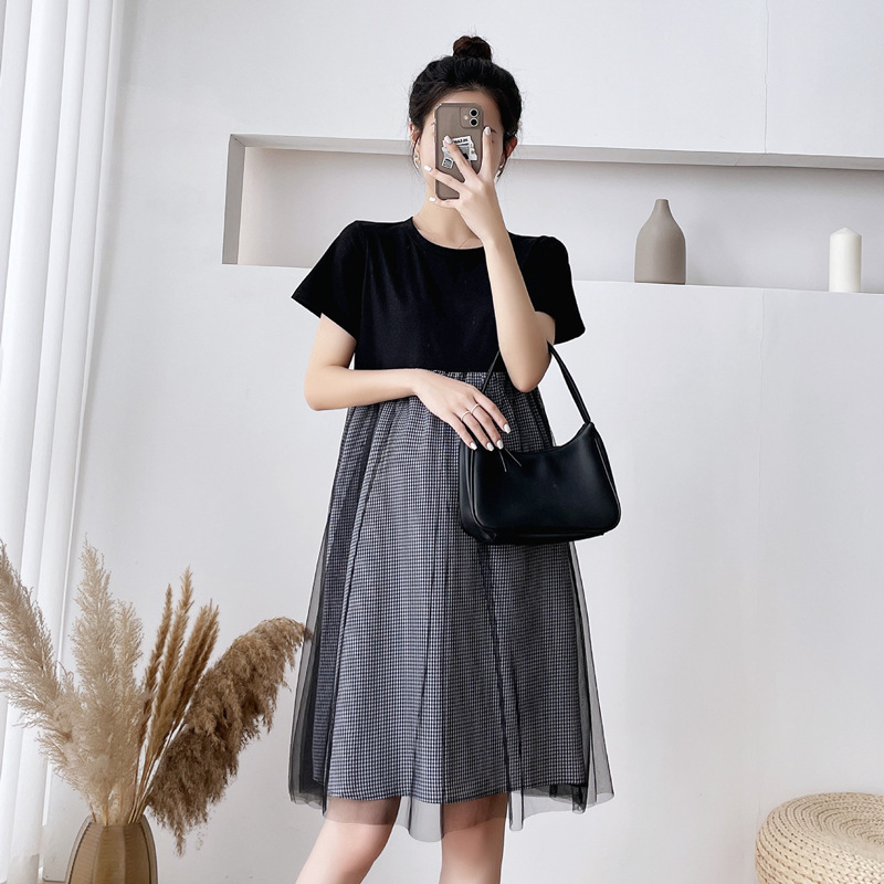 เดรสคลุมท้องแฟชั่นสบายๆ แขนสั้น แต่งด้วยผ้าตาข่ายด้านนอก น่ารัก แบบดูดีมาก M L XL XXL