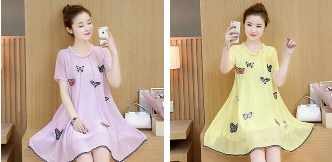 ชุดคลุมท้อง ผ้าชีฟอง ประดับด้วยผีเสื้อตามตัว เริ่ดมาก มีซับในทั้งชุด เหลือง M,L,XL,XXL