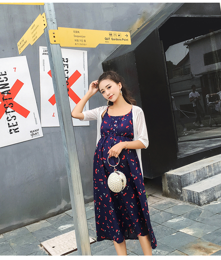 ชุดคลุมท้องสายเดี่ยวมาพร้อมเสื้อคลุม ชุดผ้าฝ้ายลายเชอรี่น่ารัก M L XL XXL