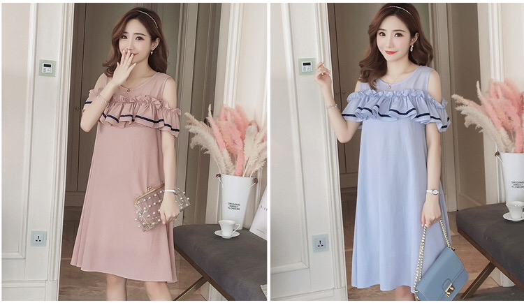 เดรสคลุมท้องแฟชั่นเปิดไหล่ ทำระบายช่วงอก รอบท้องใหญ่ใส่ได้ถึงคลอด มีซับใน M L XL,XXL
