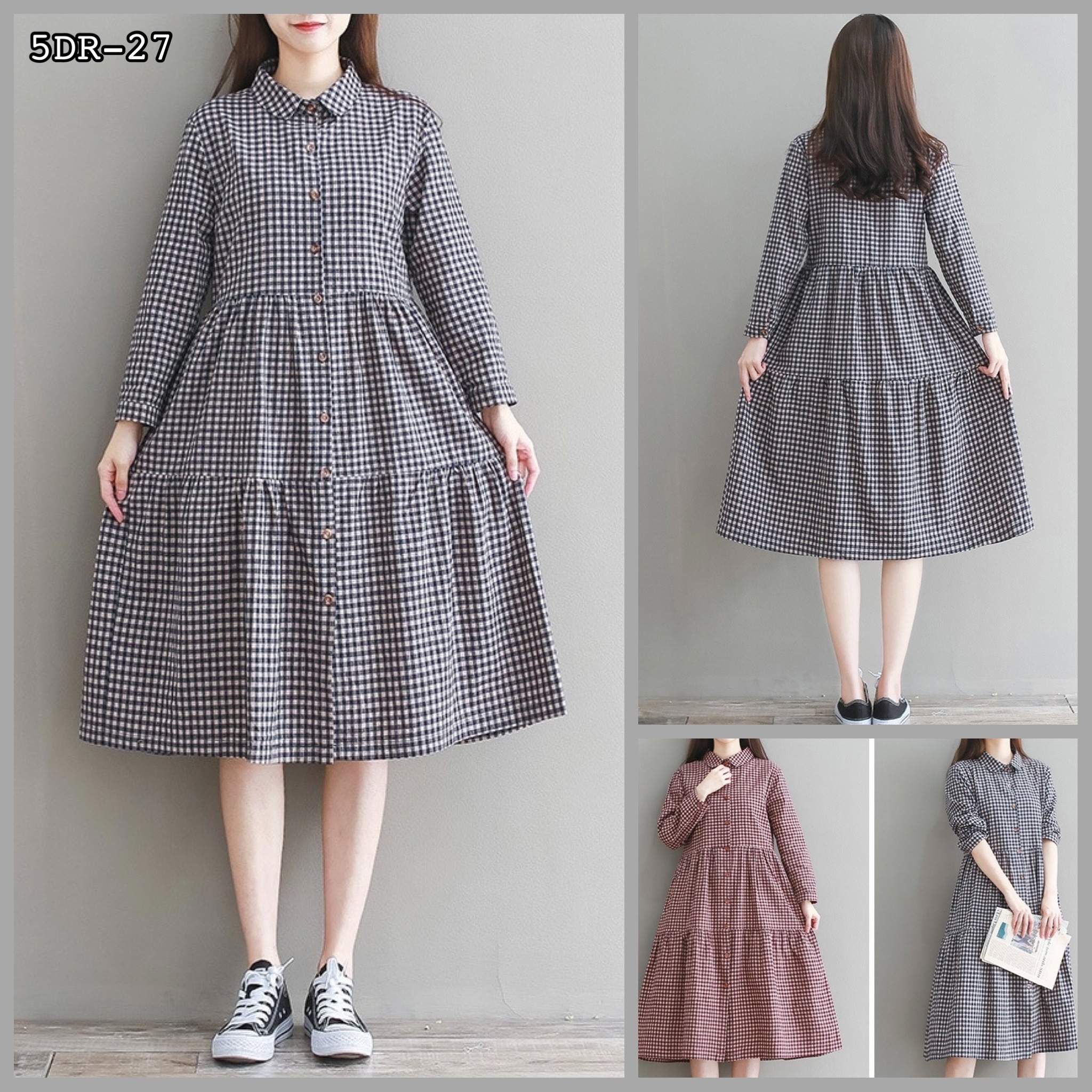 เดรสคลุมท้องแฟชั่น แขนยาว คอปก กระดุมหน้า เปิดให้นมได้ ชุดยาว สวย ใส่ได้คล่องตัว M L XL XXL