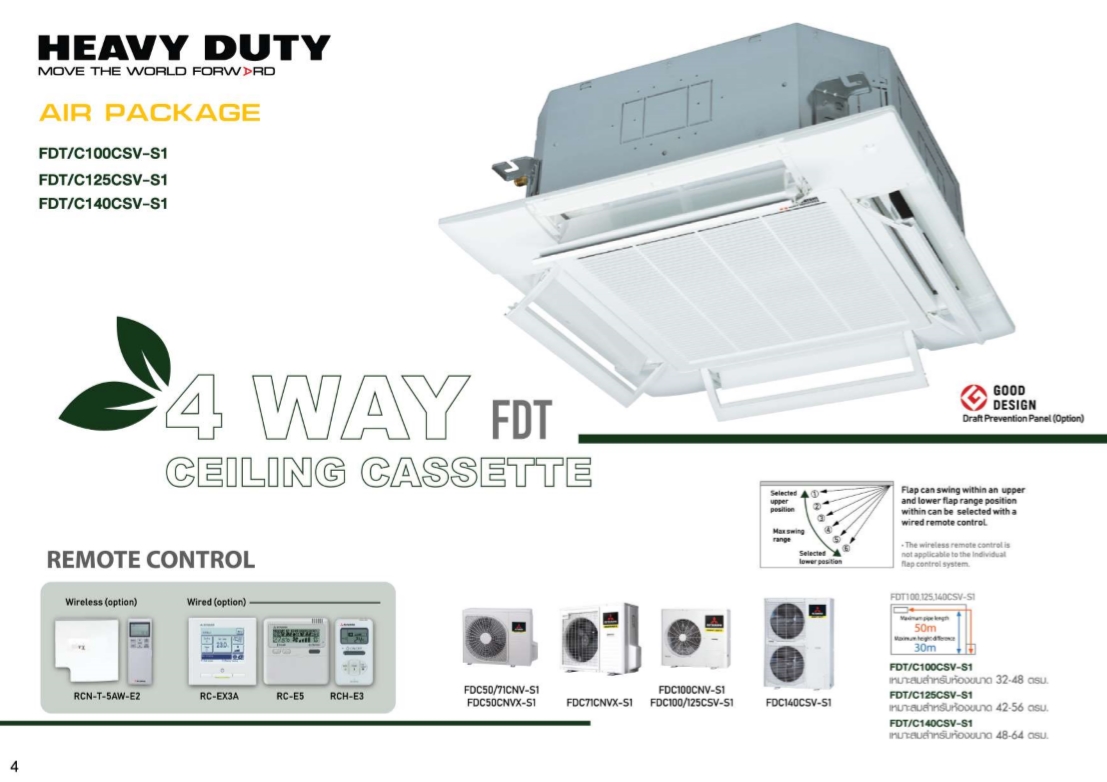 เครื่องปรับอากาศ MITSUBISHI HEAVY DUTY แบบสี่ทิศทาง ขนาด 44,356 BTU รุ่น FDT125CSV-S1-WR