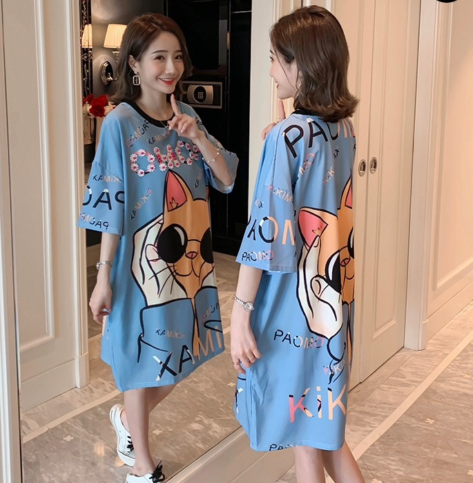 ชุดคลุมท้องแฟชั่นแขนสั้นพิมพ์ลายแมวน่ารัก คอกลม ผ้ายืดเนื้อนิ่ม ใส่สบายๆค่ะ M L XL XXL 3XL