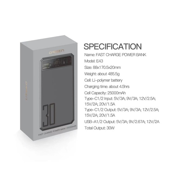 แบตสำรอง Eloop Orsen E43 25000 mAh ชาร์จเร็ว Fast Charge รองรับ PD 30W