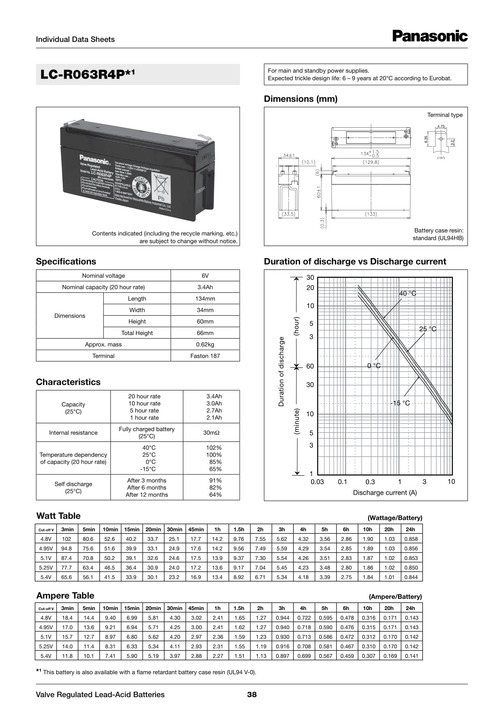 6V 3.4AH PANASONIC