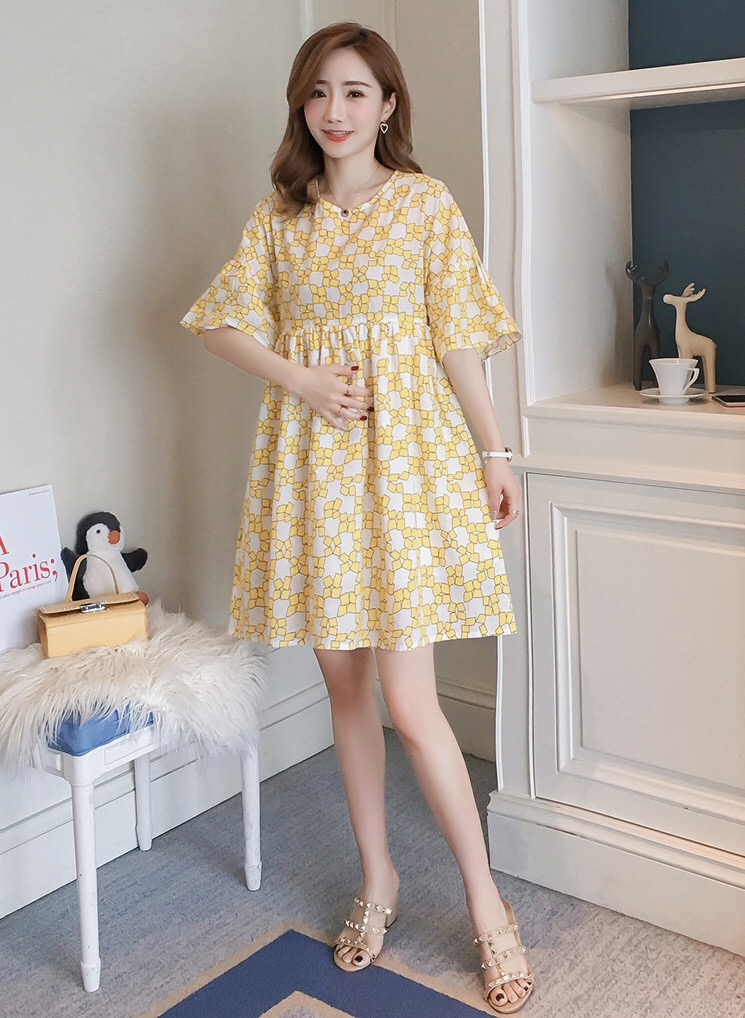 ชุดคลุมท้องเปิดให้นมแฟชั่น ผ้าฝ้าย ลายน่ารัก มีซับใน เปิดให้นมแนวนอน M,L,XL,XXL