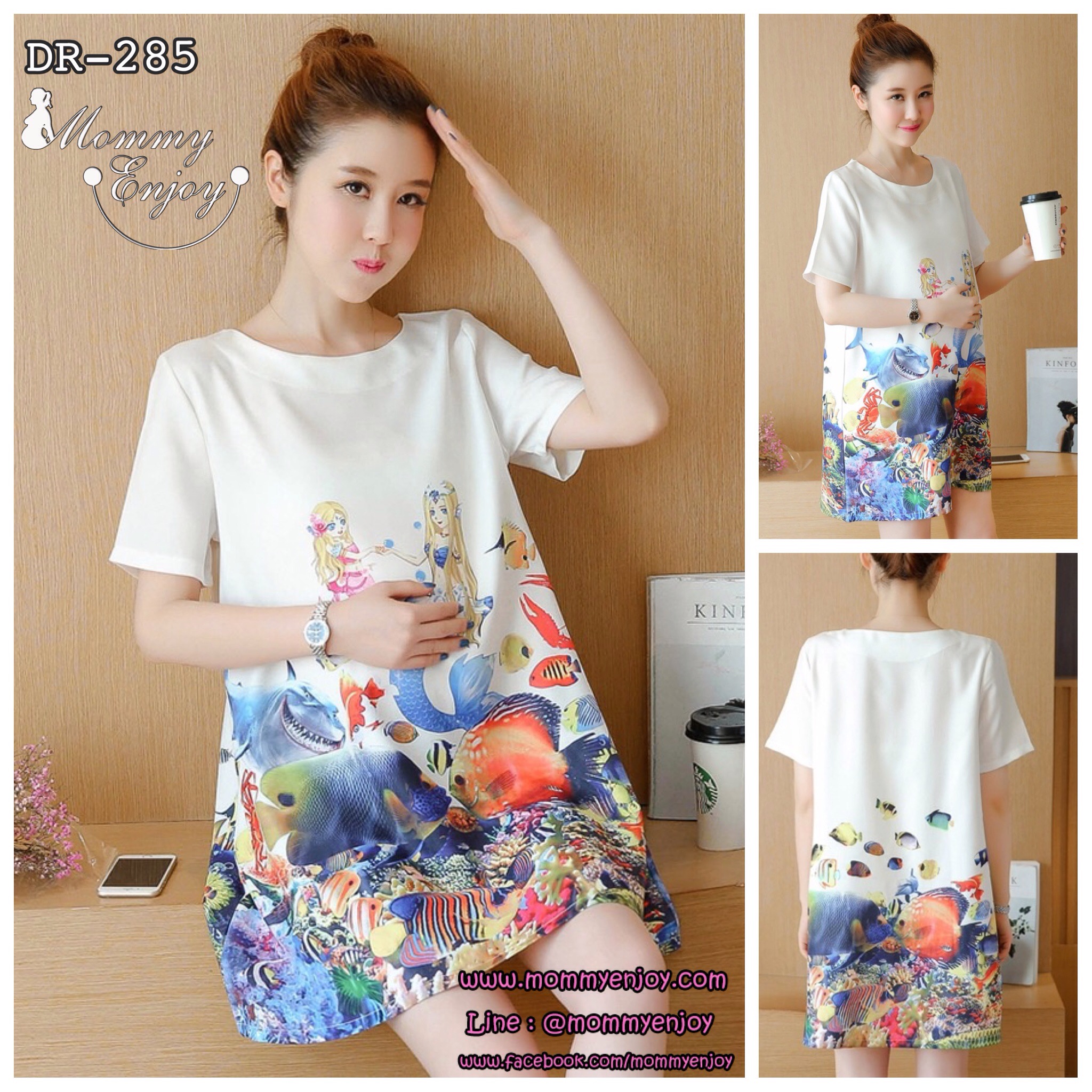 เดรสคลุมท้อง ผ้าชีฟองเนื้อดี พิมพ์ลายท้องทะเล น่ารัก M,L,XL,XXL