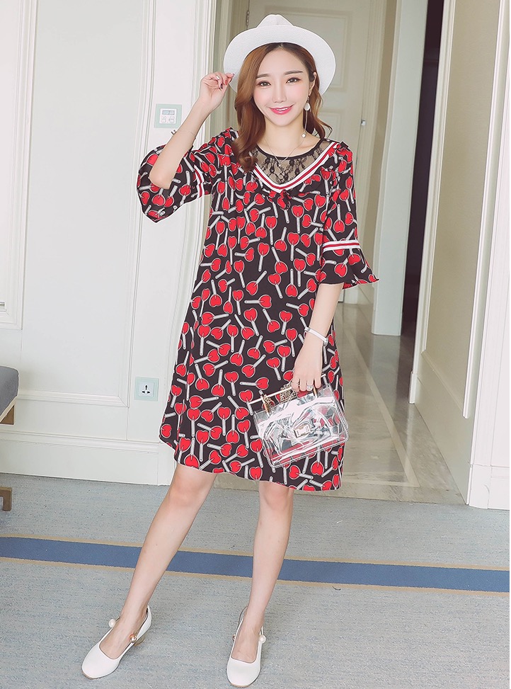 ชุดคลุมท้องผ้าชีฟอง ลายอมยิ้มรูปหัวใจ น่ารักผ้าดี มีซับใน M L XL XXL