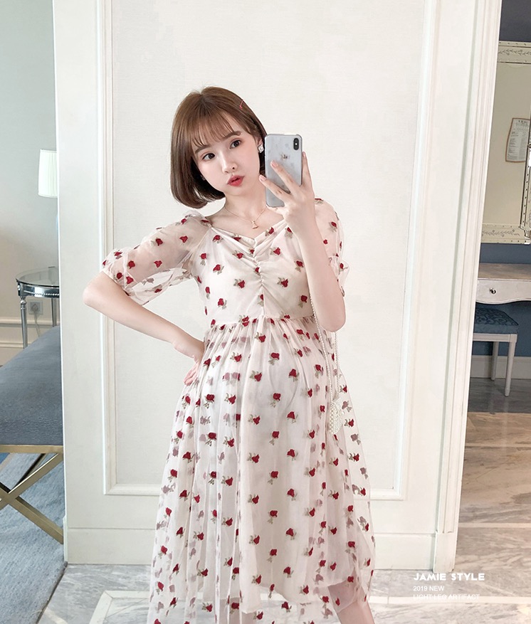 เดรสคลุมท้องแฟชั่นเกาหลี ผ้าตาข่าย ปักลายดอกไม้ ทรงระบาย ชุดสวยหรู M L XL XXL