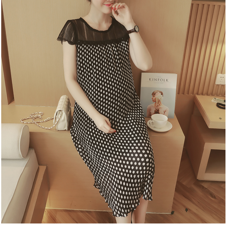 เดรสคลุมท้องแนวเกาหลี อัดพรีท ลายจุด ด้านบนซีทรู น่ารักฝุดๆ M,L,XL,XXL