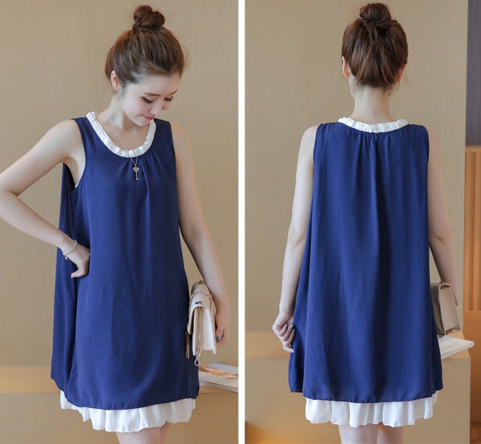 เดรสคนท้องเกาหลี ผ้าชีฟองลาย มีซับใน ต่อระบายที่คอและปลายเดรส M,L,XL,XXL