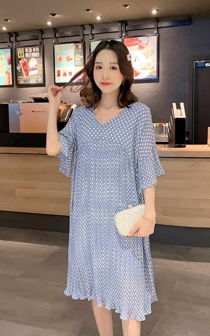 เดรสคลุมท้องแฟชั่นผ้าชีฟอง อัดพรีท ลายจุดน่ารักลงตัว แขนระบาย รอบท้องใหญ่ใสได้ถึงคลอด M L XL XXL