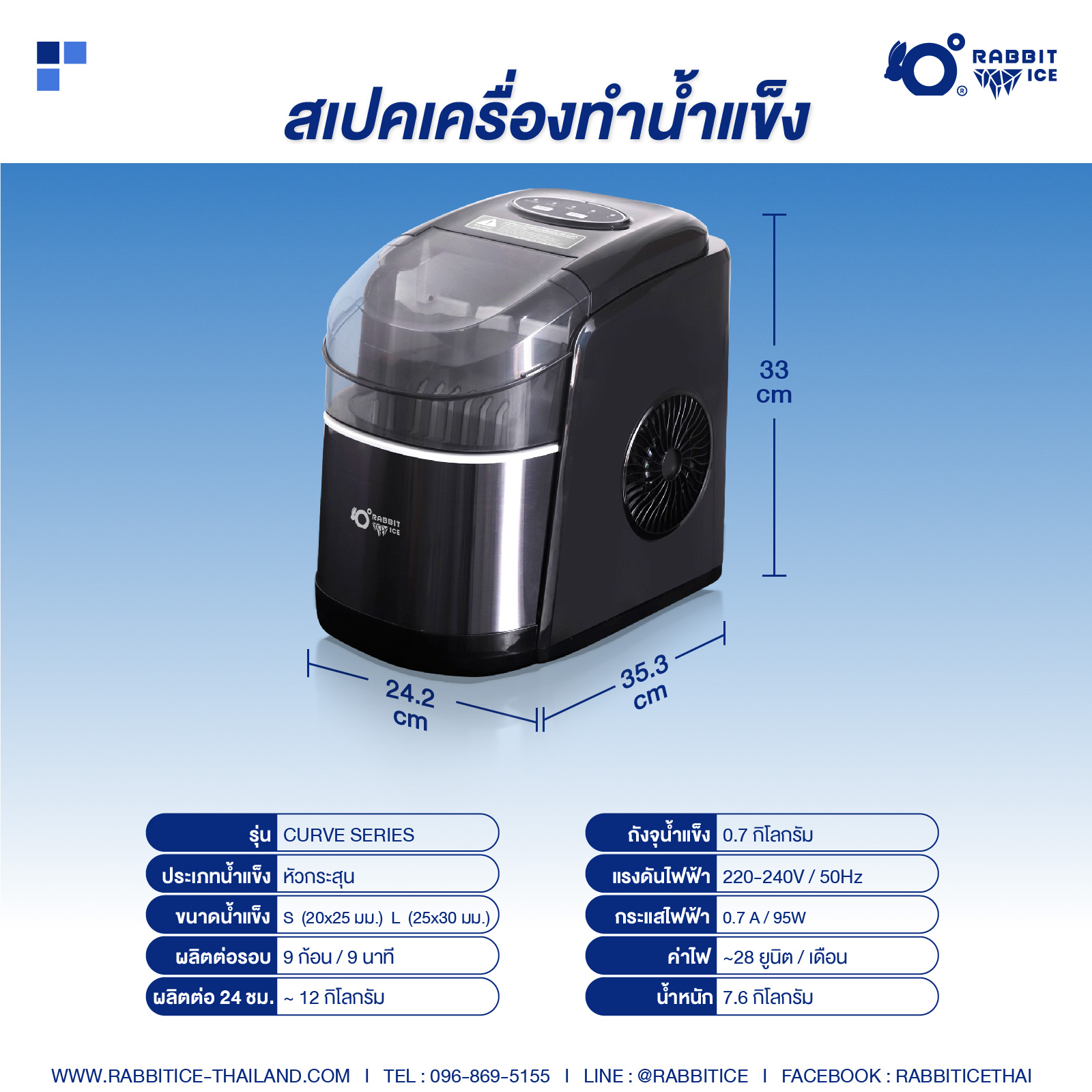 Rabbitice เครื่องทำน้ำแข็ง รุ่น Curve Series สำหรับใช้ในครัวเรื่อน 1-3 ท่าน