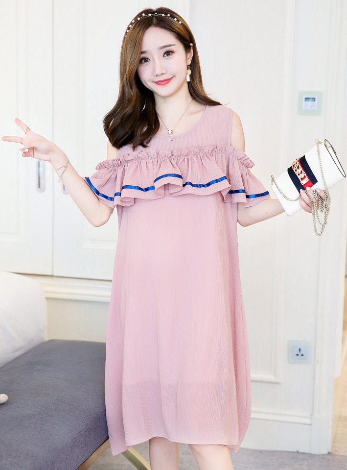 เดรสคลุมท้องแฟชั่นเปิดไหล่ ทำระบายช่วงอก รอบท้องใหญ่ใส่ได้ถึงคลอด M L XL,XXL