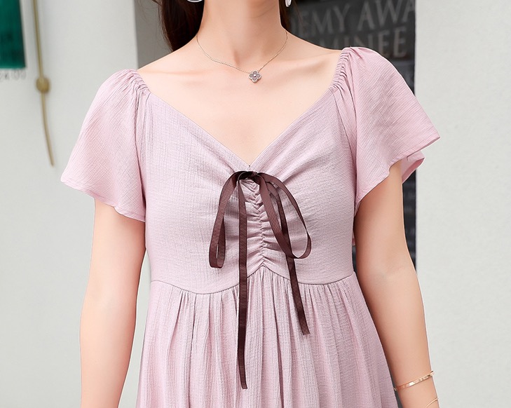 เดรสคลุมท้องแฟชั่นยาว คอวีด้านหลังเป็นสม๊อค ผูกช่วงอก แขนระบาย น่ารักมาก M L XL,XXL