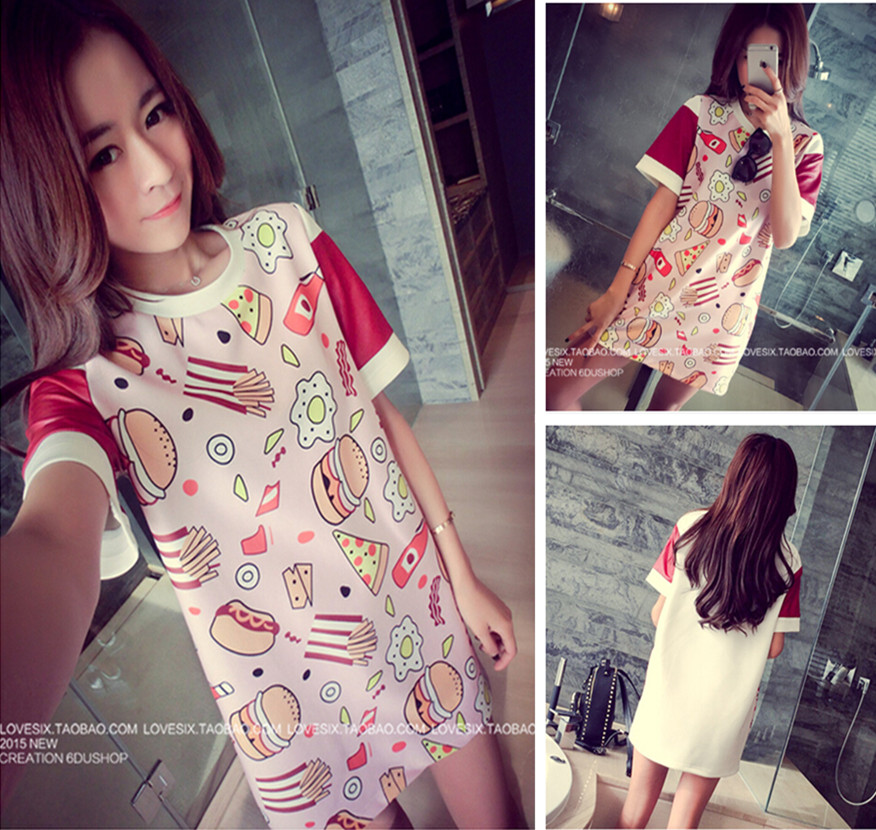 ชุดเดรสแฟชั่นพร้อมส่ง : เดรสสีขาวแต่งลายการ์ตูน และแขนสีแดง น่ารัก น่ารักจ้า