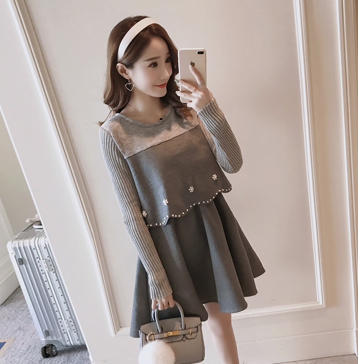 ชุดคลุมท้องเปิดให้นมแฟชั่นแขนยาว ด้านในซ่อนที่เปิดให้นม ผ้าเนื้อนิ่ม ประดับมุก M L XL XXL