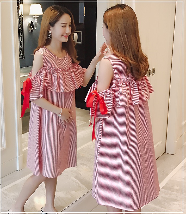 เดรสคลุมท้องแฟชั่นเปิดไหล่ มีเชือกผูกที่แขน รอบท้องใหญ่ใส่ได้ถึงคลอด มีเชือกผูก M L XL,XXL