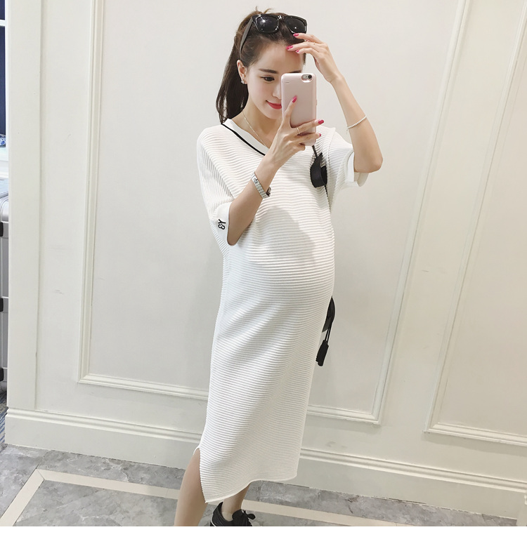 ชุดคลุมท้องแฟชั่นน่ารัก คอวี ผ้าลายนูนเนื้อดี ใส่สบาย เรียบหรู ดูแพง M L XL XXL