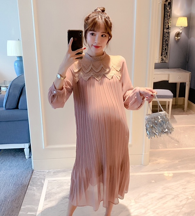 เดรสคลุมท้องแฟชั่นแขนยาว ผ้าชีฟอง คอลูกไม้ ช่วงไหล่ซีทรู พรีททั้งชุด มีซับใน M L XL,XXL