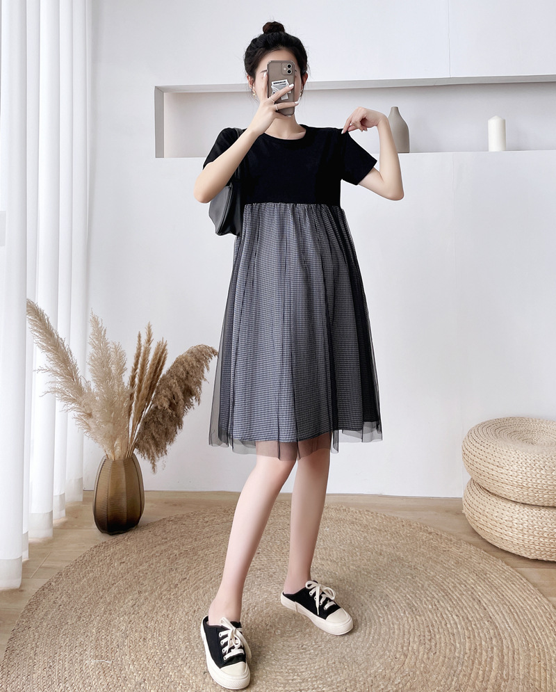 เดรสคลุมท้องแฟชั่นสบายๆ แขนสั้น แต่งด้วยผ้าตาข่ายด้านนอก น่ารัก แบบดูดีมาก M L XL XXL